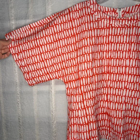 MIRTH Handmade Block Print Top Womens L Red White Excellent Fish Pattern - Picture 2 of 10
